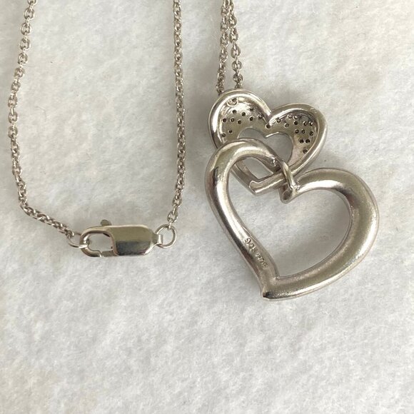 Sterling Silver 925 HOB Double Open Heart Pave Diamond Necklace 19.5" Chain - Picture 8 of 16